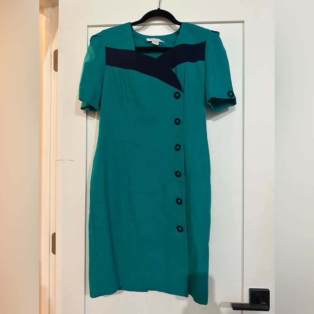 Vintage 1980s Petite Sophisticate Teal and Navy Midi Dress Made in USA